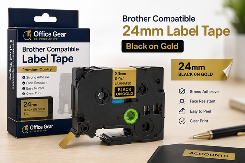 Brother Compatible 24mm Black on Gold Label Tape
