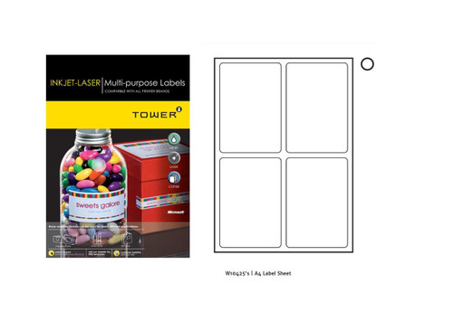 Tower A4 98x139 Inkjet-lsr Labels White 100's Tower A4 98x139 Inkjet-lsr Labels White 100's