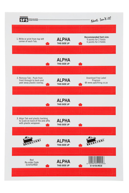 SFS 55mm Alpha Adhesive Tab - Red (6 Sheets per Pack) (55mmx10mm) - Each SFS 55mm Alpha Adhesive Tab - Red (6 Sheets per Pack) (55mmx10mm) - Each