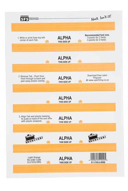 SFS 55mm Alpha Adhesive Tab - Light Orange (6 Sheets per Pack) (55mmx10mm) - Each SFS 55mm Alpha Adhesive Tab - Light Orange (6 Sheets per Pack) (55mmx10mm) - Each