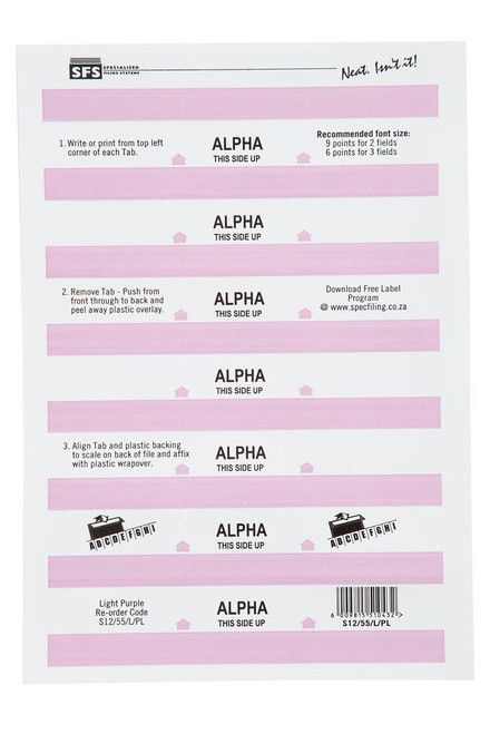 SFS 55mm Alpha Adhesive Tab - Light Purple (6 Sheets per Pack) (55mmx10mm) - Each SFS 55mm Alpha Adhesive Tab - Light Purple (6 Sheets per Pack) (55mmx10mm) - Each