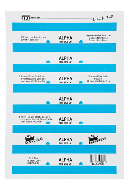 SFS 55mm Alpha Adhesive Tab - Dark Blue (6 Sheets per Pack) (55mmx10mm) - Each SFS 55mm Alpha Adhesive Tab - Dark Blue (6 Sheets per Pack) (55mmx10mm) - Each