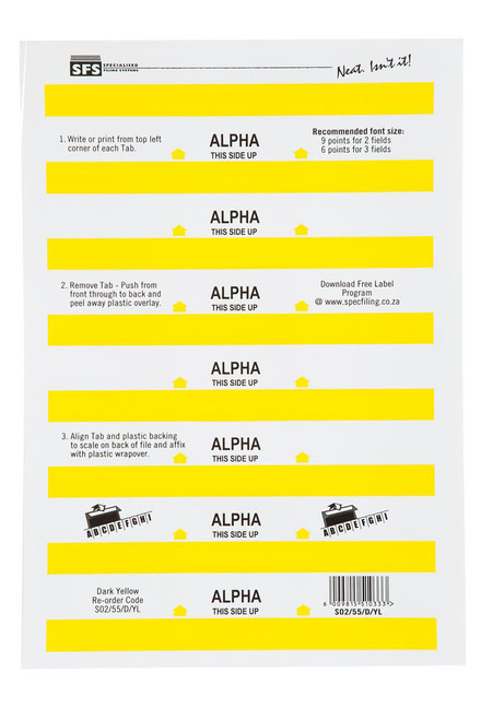 SFS 55mm Alpha Adhesive Tab - Dark Yellow (6 Sheets per Pack) (55mmx10mm) - Each SFS 55mm Alpha Adhesive Tab - Dark Yellow (6 Sheets per Pack) (55mmx10mm) - Each