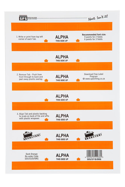 SFS 55mm Alpha Adhesive Tab - Dark Orange (6 Sheets per Pack) (55mmx10mm) - Each SFS 55mm Alpha Adhesive Tab - Dark Orange (6 Sheets per Pack) (55mmx10mm) - Each