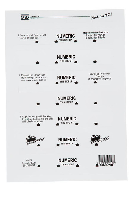 SFS 30mm Numeric Adhesive Tab - White (5 Sheets per Pack) (30mmx10mm) - Each SFS 30mm Numeric Adhesive Tab - White (5 Sheets per Pack) (30mmx10mm) - Each