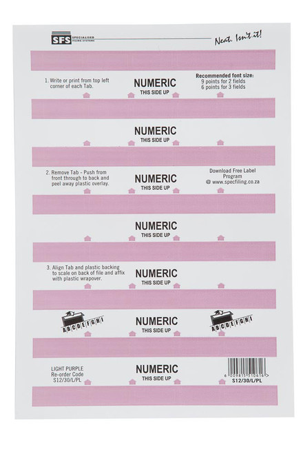 SFS 30mm Numeric Adhesive Tab - Light Purple (5 Sheets per Pack) (30mmx10mm) - Each SFS 30mm Numeric Adhesive Tab - Light Purple (5 Sheets per Pack) (30mmx10mm) - Each