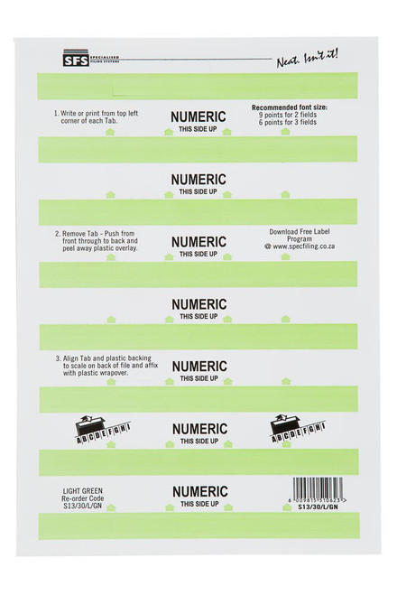 SFS 30mm Numeric Adhesive Tab - Light Green (5 Sheets per Pack) - Each SFS 30mm Numeric Adhesive Tab - Light Green (5 Sheets per Pack) - Each