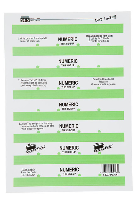 SFS 30mm Numeric Adhesive Tab - Dark Green (5 Sheets per Pack) (30mmx10mm) - Each SFS 30mm Numeric Adhesive Tab - Dark Green (5 Sheets per Pack) (30mmx10mm) - Each