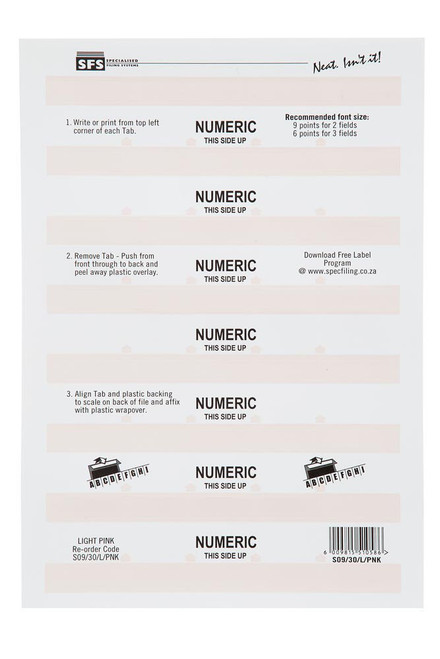 SFS 30mm Numeric Adhesive Tab - Light Pink (5 Sheets per Pack) ( - Each SFS 30mm Numeric Adhesive Tab - Light Pink (5 Sheets per Pack) ( - Each