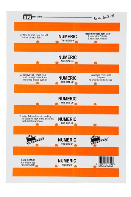 SFS 30mm Numeric Adhesive Tab - Dark Orange(5 Sheets per Pack) (30mmx10mm) - Each SFS 30mm Numeric Adhesive Tab - Dark Orange(5 Sheets per Pack) (30mmx10mm) - Each