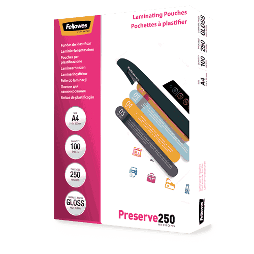 Fellowes Preserve 250 Micron thickness – providing the ultimate level of document protection. Fellowes Preserve 250 Micron thickness – providing the ultimate level of document protection.