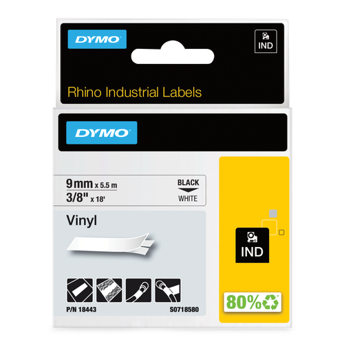 DYMO D1 Labelling Tape - Vinyl - Black on White - 9mmx5m-18443