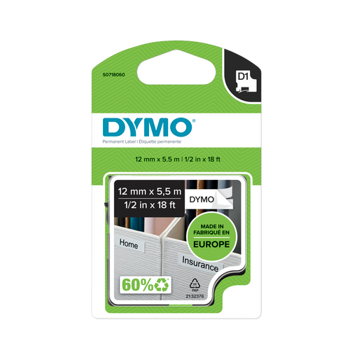 DYMO D1 Labelling Tape - Permanent Polyester - Black on White - 12mmx5.5m-DS0718060