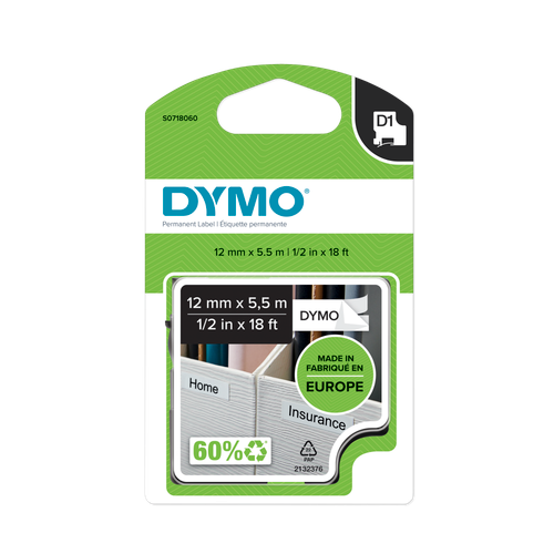 DYMO D1 Labelling Tape - Permanent Polyester - Black on White - 12mmx5.5m-DS0718060