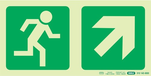 PHOTOLUMINESCENT 190MM SAFETY SIGN -E11-RUNNING MAN+DIAGONAL ARROW UP AND RIGHT - SNP19E11 PHOTOLUMINESCENT 190MM SAFETY SIGN -E11-RUNNING MAN+DIAGONAL ARROW UP AND RIGHT - SNP19E11