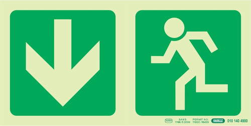 PHOTOLUMINESCENT 190MM SAFETY SIGN -E3-ARROW DOWN+RUNNING MAN - SNP19E3 PHOTOLUMINESCENT 190MM SAFETY SIGN -E3-ARROW DOWN+RUNNING MAN - SNP19E3