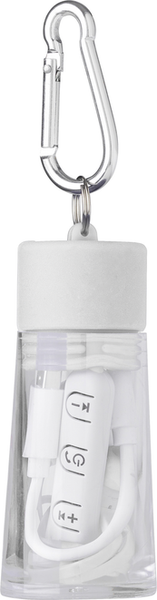 Bluetooth Earphones In Plastic Case with Silicone Top and Charging Cable