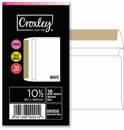 CROXLEY JD  10 and a Half Linen Faced White Gummed Envelopes - 90X165 - Banded 20's (Box of 20 Packets)-ENV10501