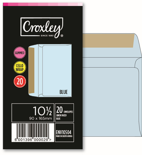 CROXLEY JD 10 and a Half Linen Faced Blue Gummed Envelopes - 90X165 - Banded 20's (Box of 20 Packets)-ENV10504 CROXLEY JD 10 and a Half Linen Faced Blue Gummed Envelopes - 90X165 - Banded 20's (Box of 20 Packets)-ENV10504