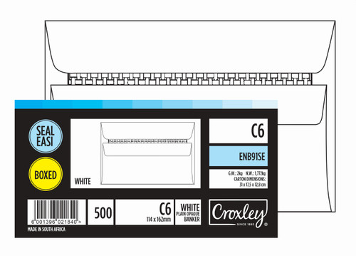 CROXLEY JD 91SE C6 White Seal Easi Envelopes - Unbanded (Box of 500)-ENB91SE CROXLEY JD 91SE C6 White Seal Easi Envelopes - Unbanded (Box of 500)-ENB91SE
