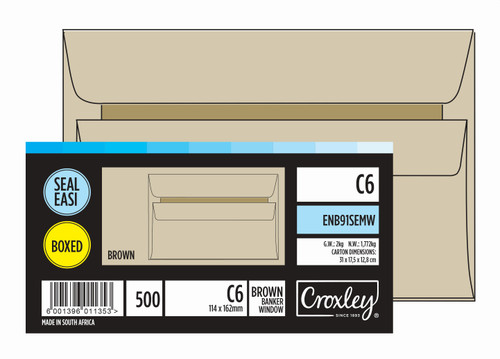 CROXLEY JD91SEMW C6 Brown Window Seal Easi Envelopes - Unbanded (Box of 500)-ENB91SEMW