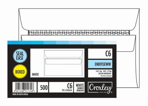 CROXLEY JD91SEWW C6 White Window Seal Easi Envelopes - Unbanded (Box of 500)-ENB91SEWW CROXLEY JD91SEWW C6 White Window Seal Easi Envelopes - Unbanded (Box of 500)-ENB91SEWW