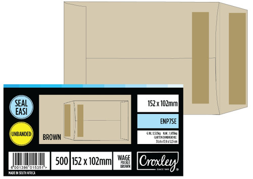 CROXLEY JD7SE Plain Wage Pocket - Latex Seal Easi No.7 - 152x110 (Box of 500)-ENP7SE CROXLEY JD7SE Plain Wage Pocket - Latex Seal Easi No.7 - 152x110 (Box of 500)-ENP7SE