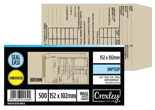 CROXLEY JD7SEP Printed Wage Pocket - Latex Seal Easi No.7 - 152x102 (Box of 500)-ENP7SEP CROXLEY JD7SEP Printed Wage Pocket - Latex Seal Easi No.7 - 152x102 (Box of 500)-ENP7SEP