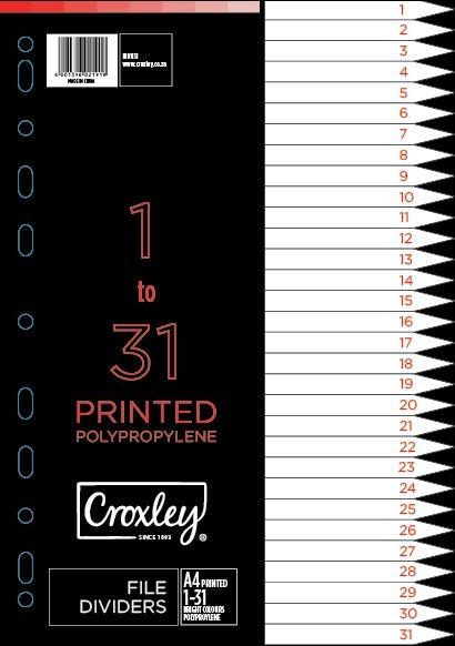 CROXLEY Indices Polypropylene - Printed 1-31 Divider Set-IND1131