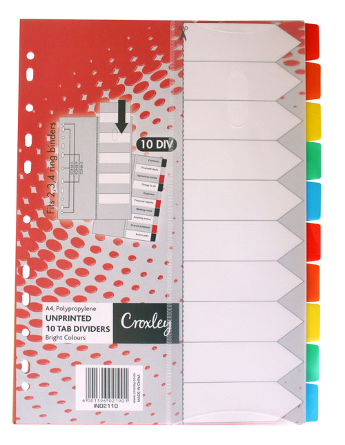 CROXLEY Indices Polypropylene - Unprinted 10 Divider Set & Index Sleeve-IND2110