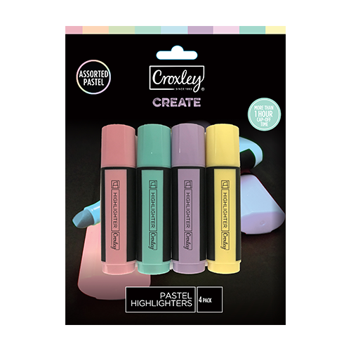 CROXLEY CREATE Assorted Pastel Highlighters 4 Carded-MAR1390 CROXLEY CREATE Assorted Pastel Highlighters 4 Carded-MAR1390