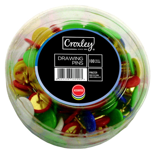CROXLEY 11mm Drawing Pins (Assorted Colours) (Tub of 100 Pins)-PIN2129 CROXLEY 11mm Drawing Pins (Assorted Colours) (Tub of 100 Pins)-PIN2129