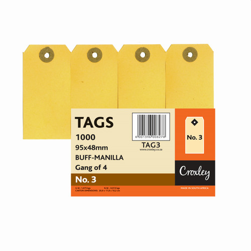 CROXLEY JD3  Buff Manilla Tags Gangs of 4 - No.3 - 95X48 (Box of 1000)-TAG3