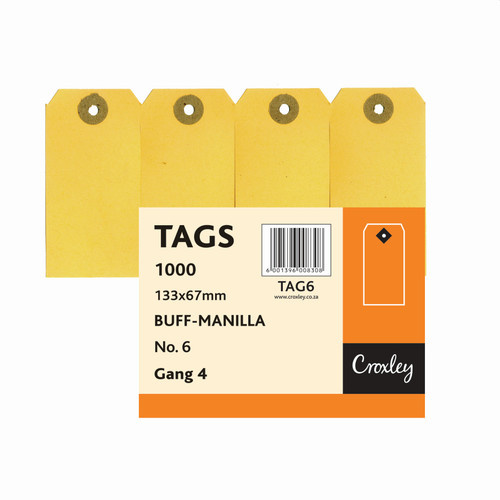 CROXLEY JD6 Buff Manilla Tags Gangs of 4 - No.6 - 133X67 (Box of 1000)-TAG6 CROXLEY JD6 Buff Manilla Tags Gangs of 4 - No.6 - 133X67 (Box of 1000)-TAG6