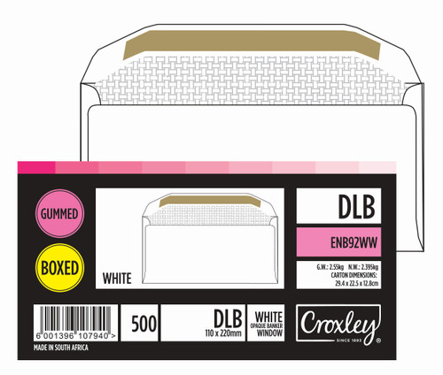 CROXLEY JD92WW DLB (Banker) White Gummed Envelopes - Unbanded (Box of 500)-ENB92WW CROXLEY JD92WW DLB (Banker) White Gummed Envelopes - Unbanded (Box of 500)-ENB92WW