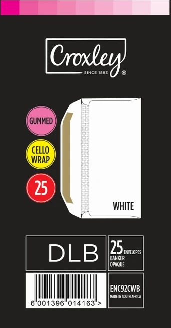 CROXLEY JD92CWBC DLB (Banker) White Gummed Envelopes - Cellowrapped 25's (Box of 20 Packets)-ENC92CWB