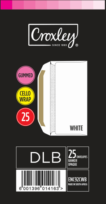 CROXLEY JD92CWBC DLB (Banker) White Gummed Envelopes - Cellowrapped 25's (Box of 20 Packets)-ENC92CWB CROXLEY JD92CWBC DLB (Banker) White Gummed Envelopes - Cellowrapped 25's (Box of 20 Packets)-ENC92CWB