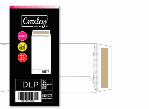 CROXLEY JD93CCBC DLP (Pocket) White Gummed Envelopes - Cellowrapped 25's (Box of 20 Packets)-ENC93CCB