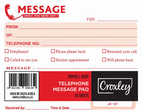 CROXLEY JD197 Telephone Message Pad 45 Sheet Pack of 50-TMP197