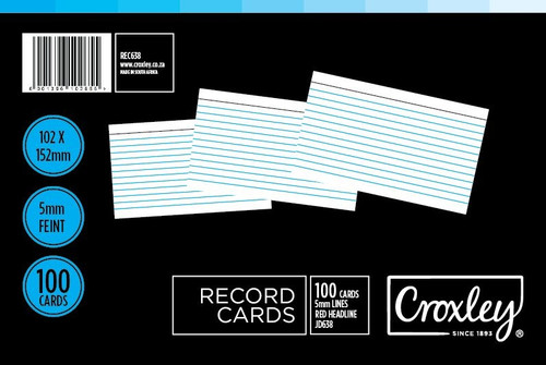 CROXLEY JD638 Record Cards 102x152 Cello 100's per Packet in Box of 10 Packets-REC638