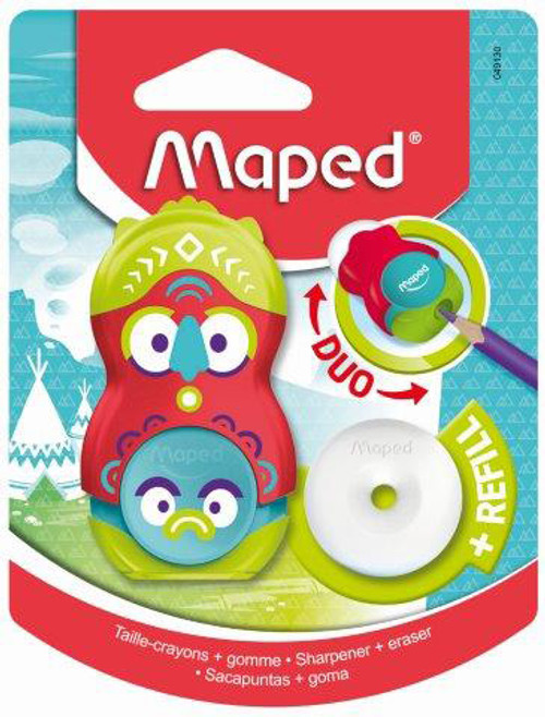 MAPED DUO Sharpener/Eraser Loopy 1 Hole Totem Carded MAPED DUO Sharpener/Eraser Loopy 1 Hole Totem Carded