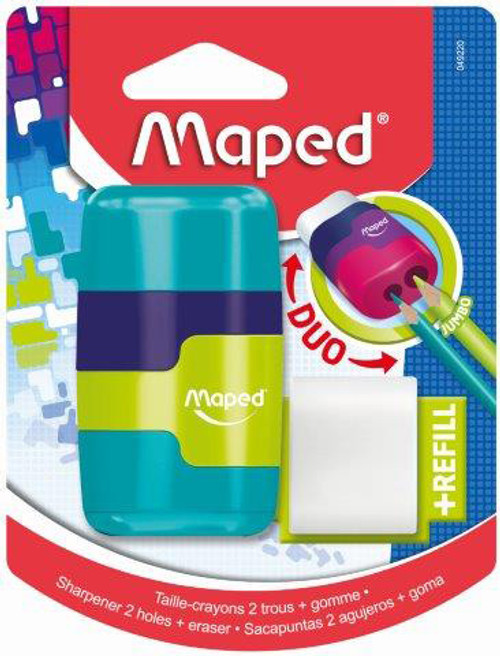 MAPED DUO Sharpener/Eraser Connect 2 Holes Colourful Carded MAPED DUO Sharpener/Eraser Connect 2 Holes Colourful Carded