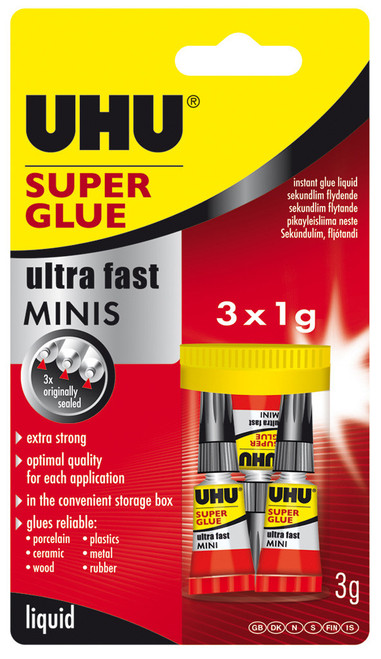 UHU Ultra Fast Minis Superglue Mini Tube: 1g Card 3'S UHU Ultra Fast Minis Superglue Mini Tube: 1g Card 3'S