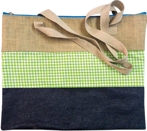4STATIONERY HESSIAN AND DENIM SHOULDER BAG GREEN CHECK 4STATIONERY HESSIAN AND DENIM SHOULDER BAG GREEN CHECK