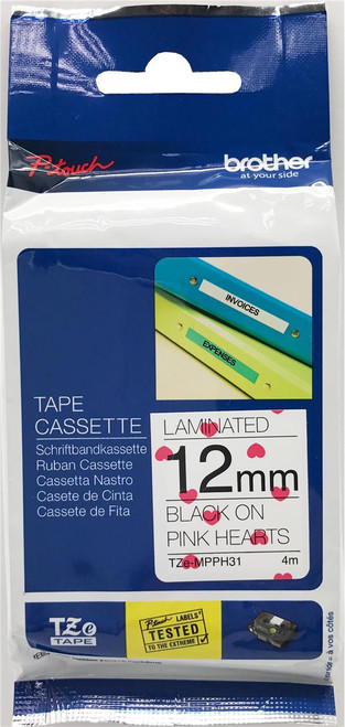 BROTHER Brother TZe-MPPH31 Black on Pink Hearts Laminated Tape 12mm BROTHER Brother TZe-MPPH31 Black on Pink Hearts Laminated Tape 12mm