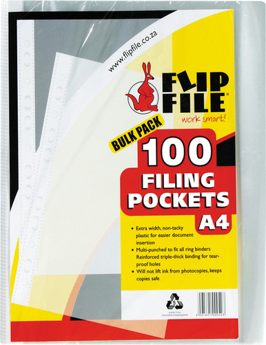 Kangaroo A4 Flip File Pockets 100 Pack - Durable 60 Micron Plastic