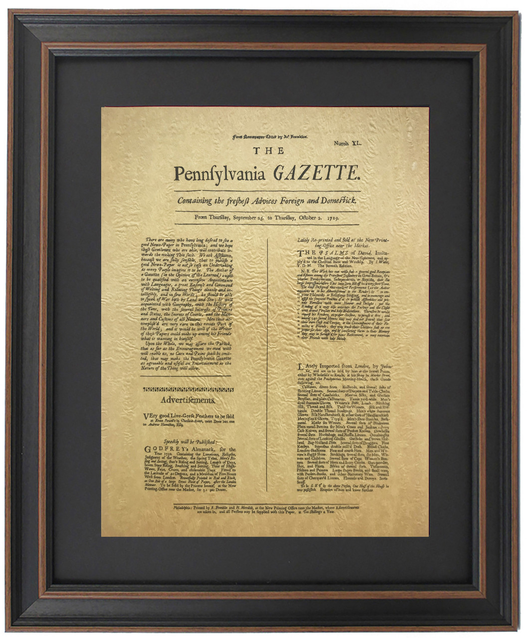 Framed First Edition of Ben Franklin's Pennsylvania Gazette 1729