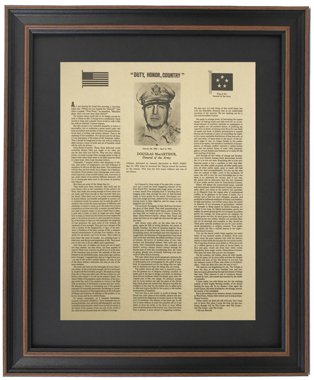 Framed Duty, Honor, Country Address - Douglas MacArthur