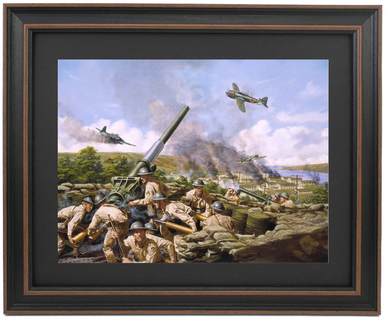 Framed Defense of the Aleutians By Dominic D'Andrea set in a solid wood frame with mat