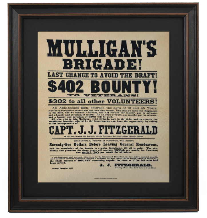 Framed Mulligan's Brigade! Last Chance to Avoid the Draft, Civil War Broadside 1863